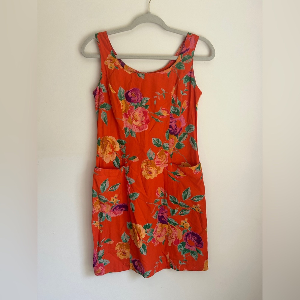 Vintage Moda Int’l Mini Dress Orange Floral Print Pockets Sleeveless Vacation